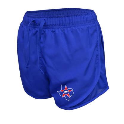 Blue athletic shorts with a logo on a white background