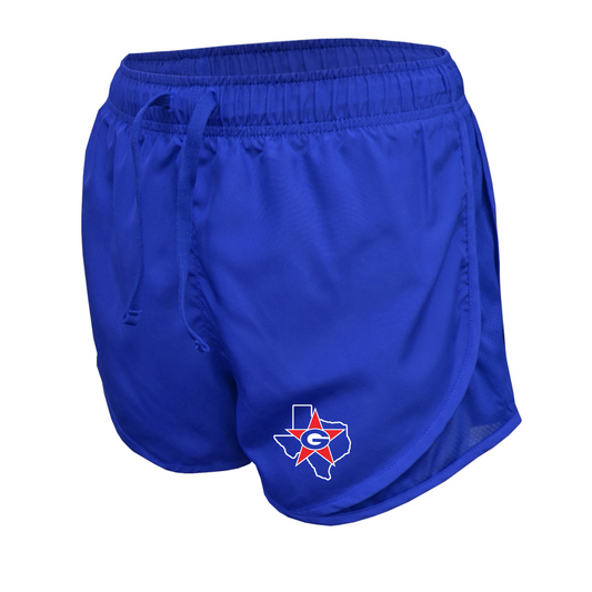 Blue athletic shorts with a logo on a white background