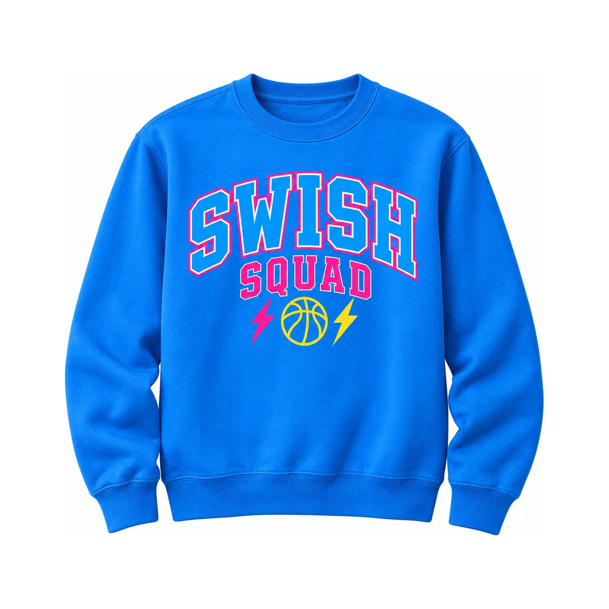 Royal blue Swish Squad varsity crewneck sweatshirt with pink and white lettering, yellow basketball and lightning bolts