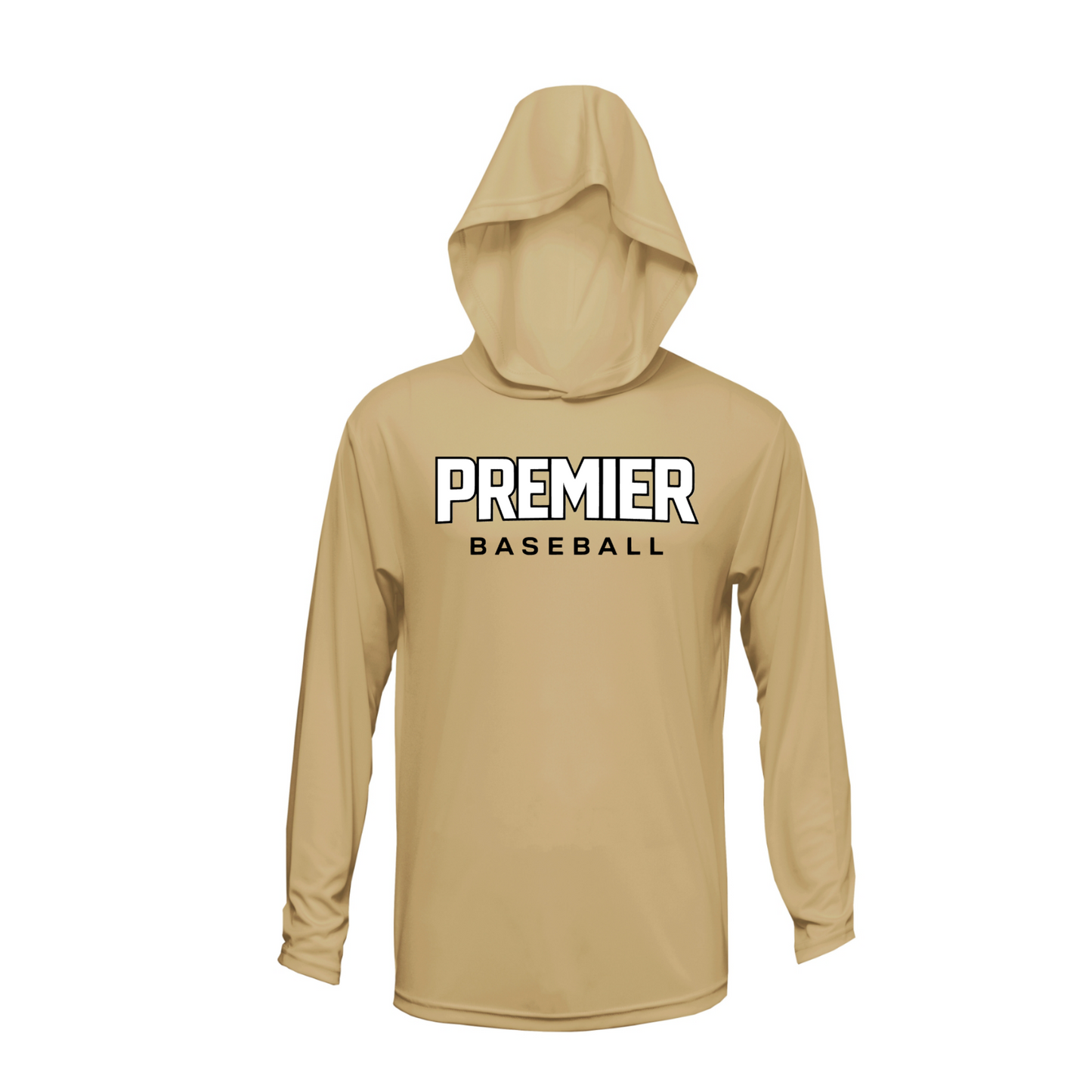 Beige hoodie with 'Premier Baseball' text on a white background