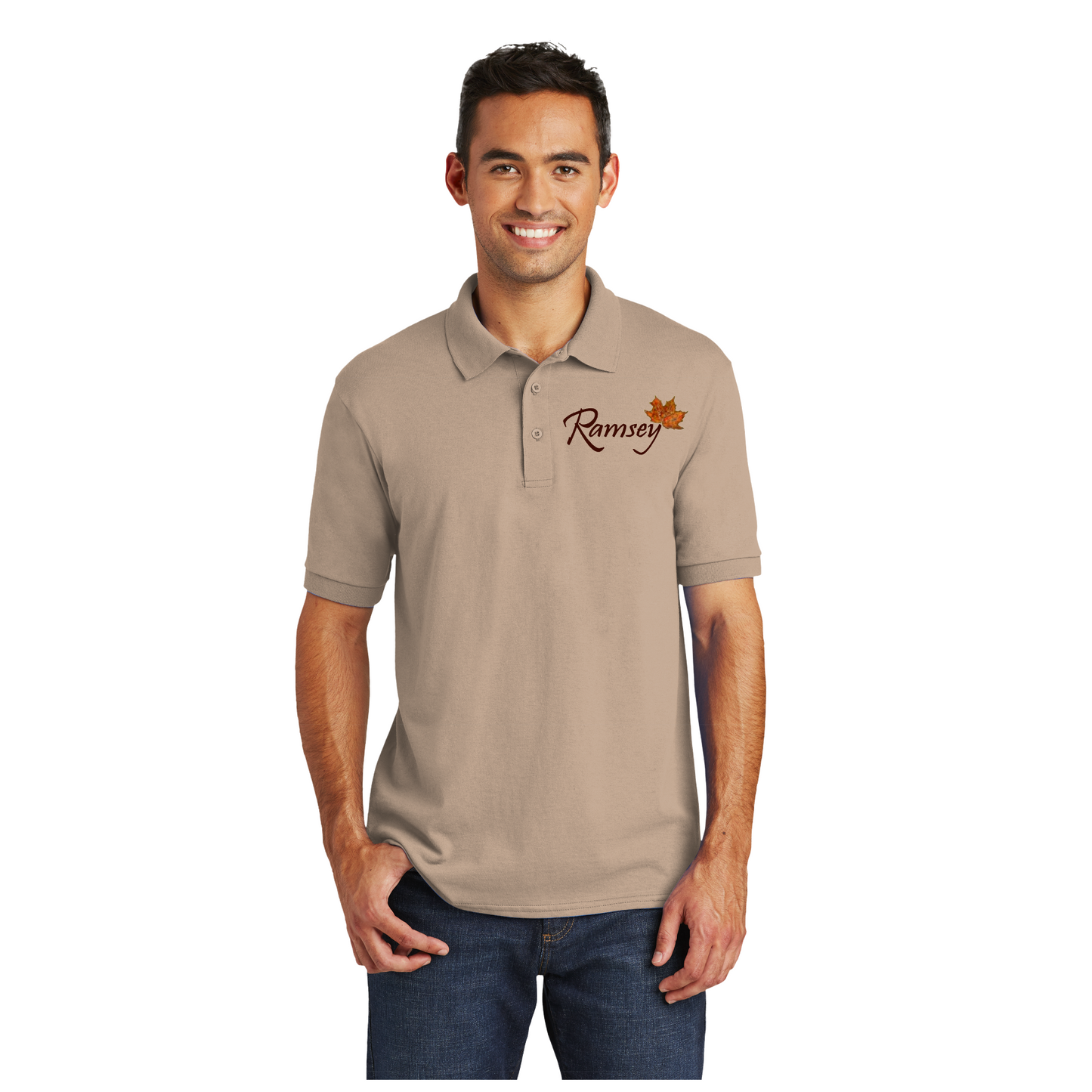 Ramsey Funeral Home Jersey Knit Polo, Athletic Gray Polo, Sand Polo