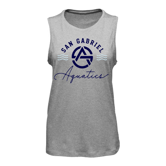 Gray tank top with 'San Gabriel Aquatics' logo on a white background