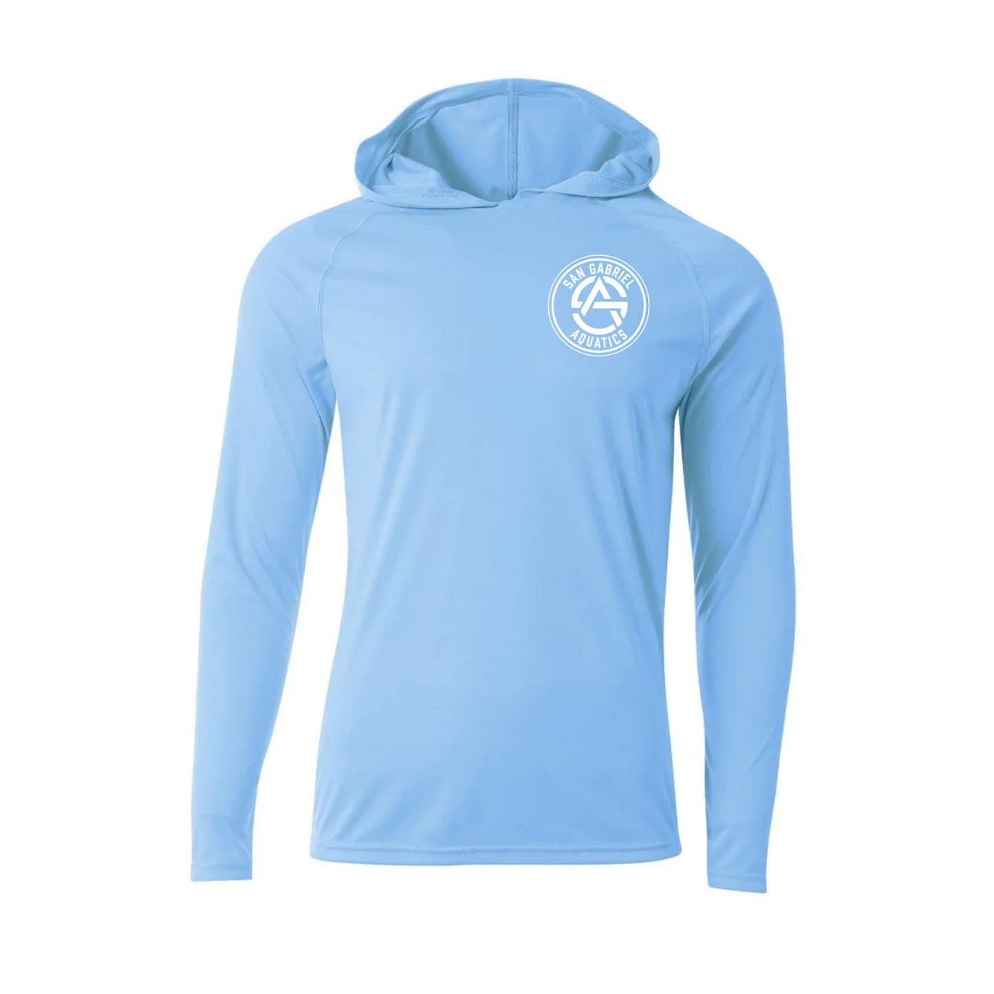 Light blue hoodie with a logo on the chest against a white background