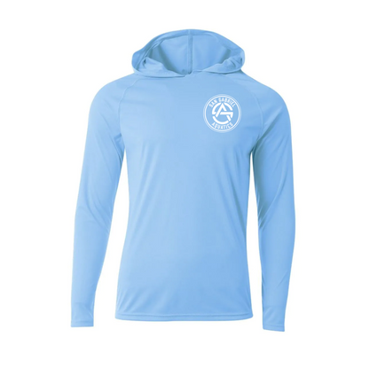 Light blue hoodie with a logo on the chest against a white background