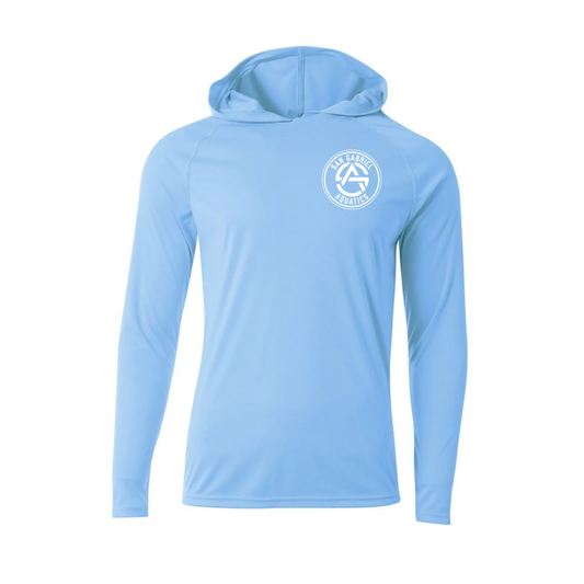 Light blue hoodie with a logo on the chest against a white background