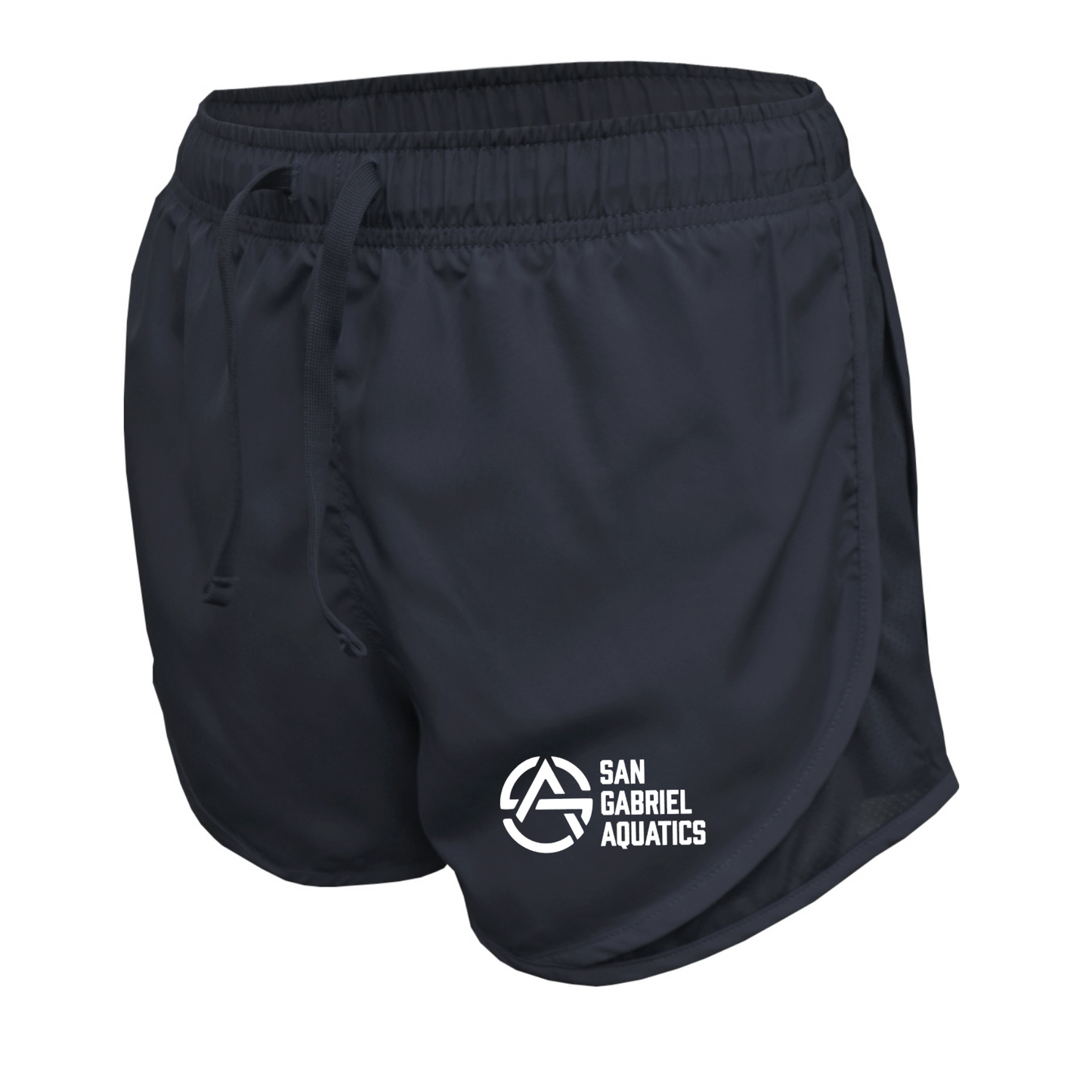 Navy shorts with San Gabriel Aquatics logo on a white background