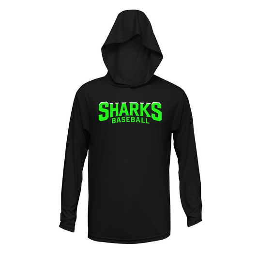 Black Sharks Baseball Hooded Shirt, Sharks Baseball Tee, Long Sleeve Hooded Sharks Baseball