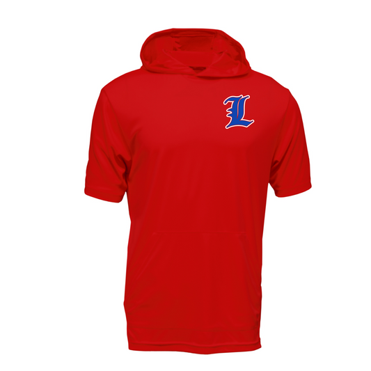 Red hoodie with a logo on the back against a white background