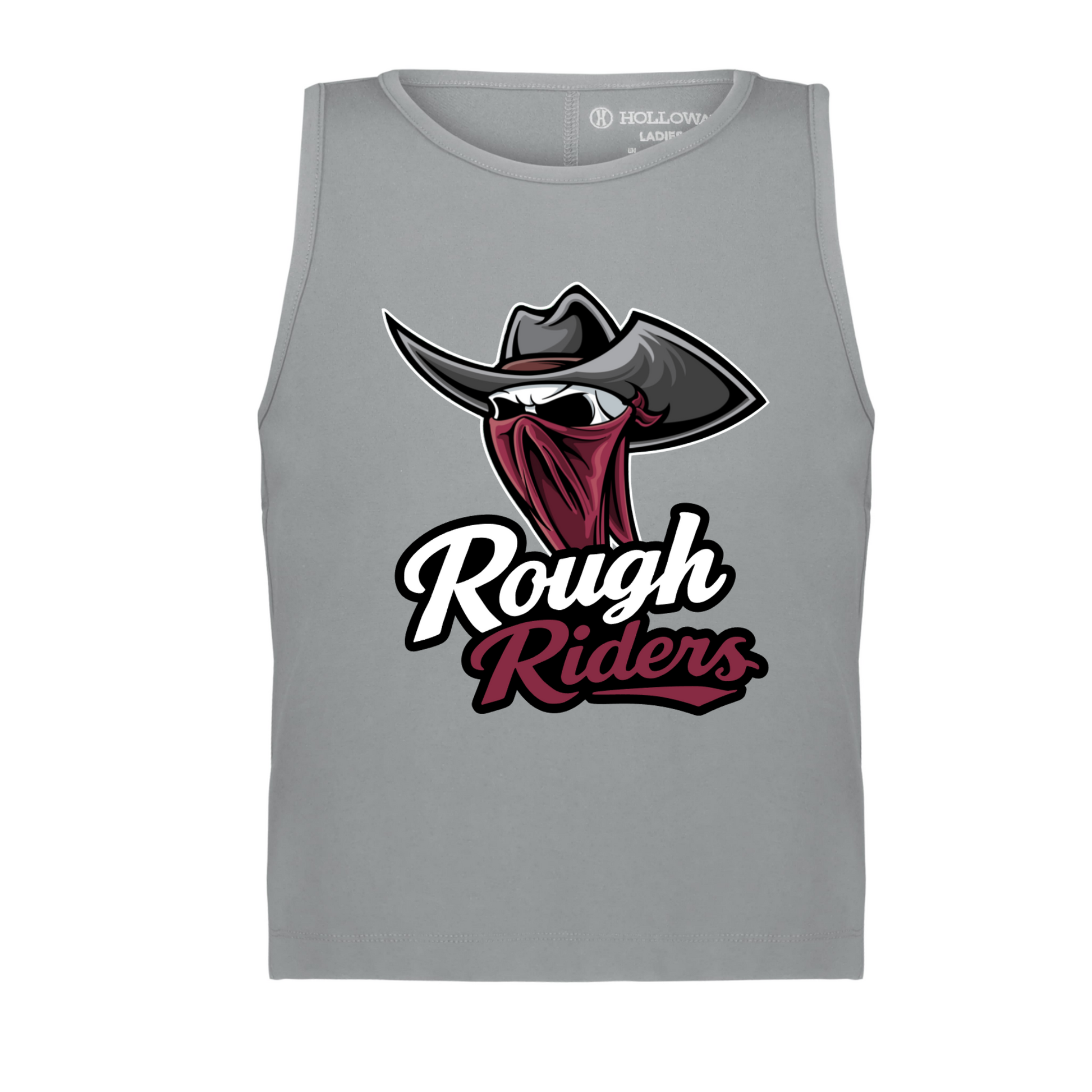 Gray tank top with 'Rough Riders' graphic design on a white background
