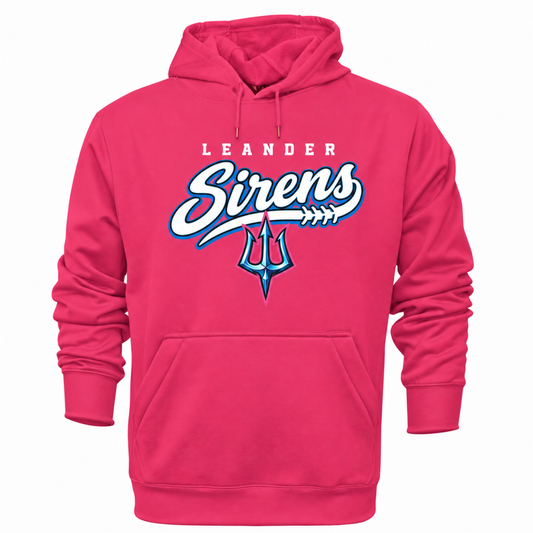 A bright pink pullover hoodie with a front kangaroo pocket and drawstrings, featuring a large 'LEANDER Sirens' graphic on the chest in white, blue, and purple.