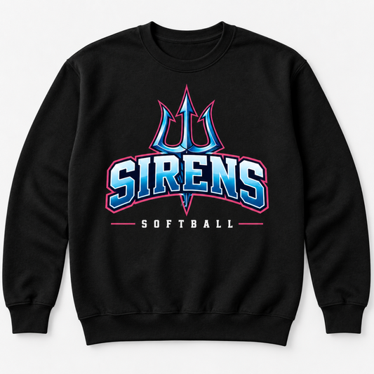 A black crewneck sweatshirt featuring a large graphic on the front with a blue and pink trident logo above the text 'SIRENS SOFTBALL' in blue, white, and pink.