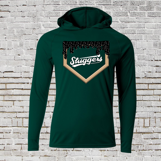 Sluggers Homeplate Drip Shirt, Forest Green Hoodie Tee, Sluggers Logo Shirt