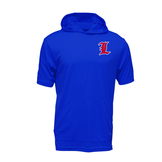 Blue hoodie with a logo on the back against a white background
