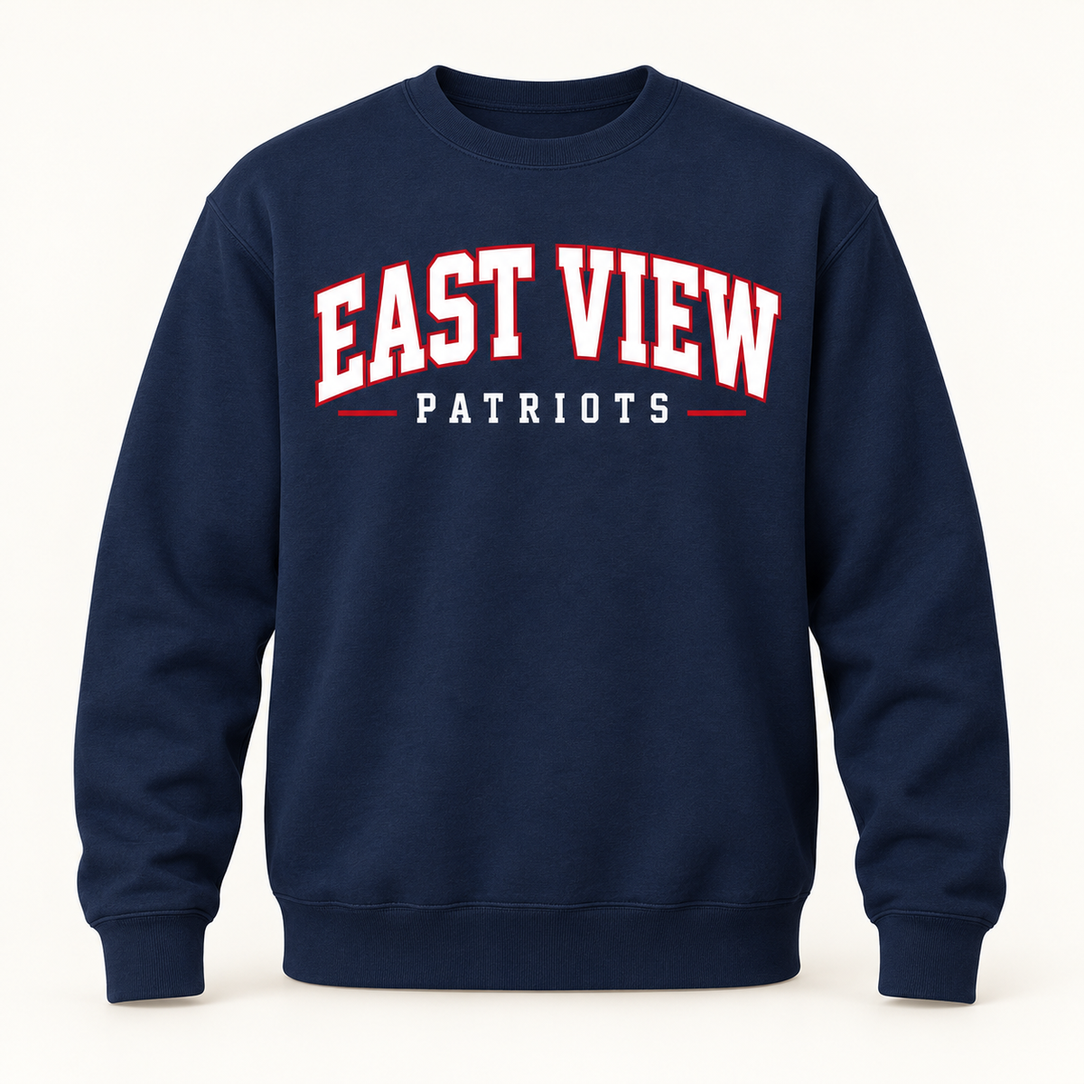 East View Patriots Collegiate Crewneck - Navy with arched white east view lettering with red outlines and patriots underneath