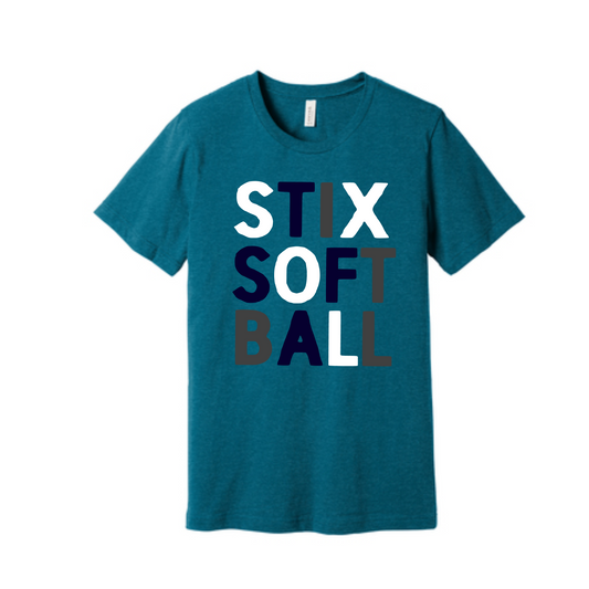 Teal STIX Softball Tee, Muliticolor Stix Softball Shirt, Fun Stix Softball