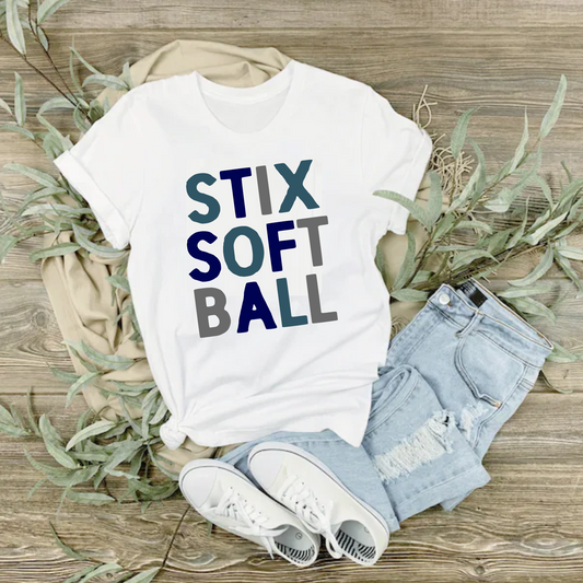 STIX Softball Tee, Muliticolor Stix Softball Shirt, Fun Stix Softball