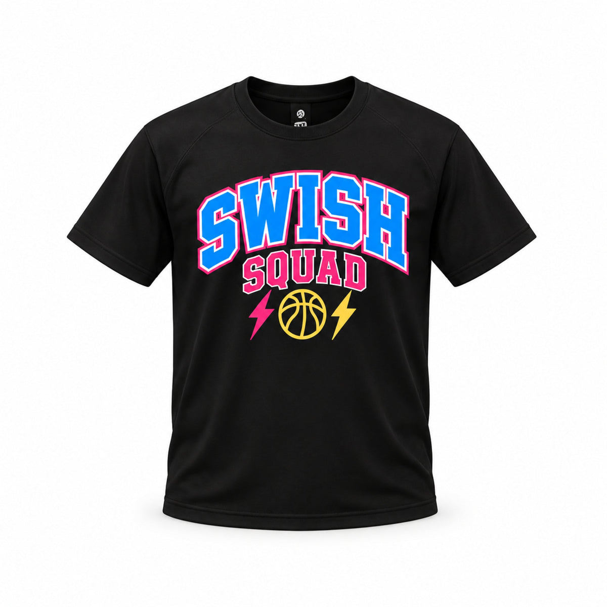 Swish Squad black varsity tee, complete front and sleeves on square white background