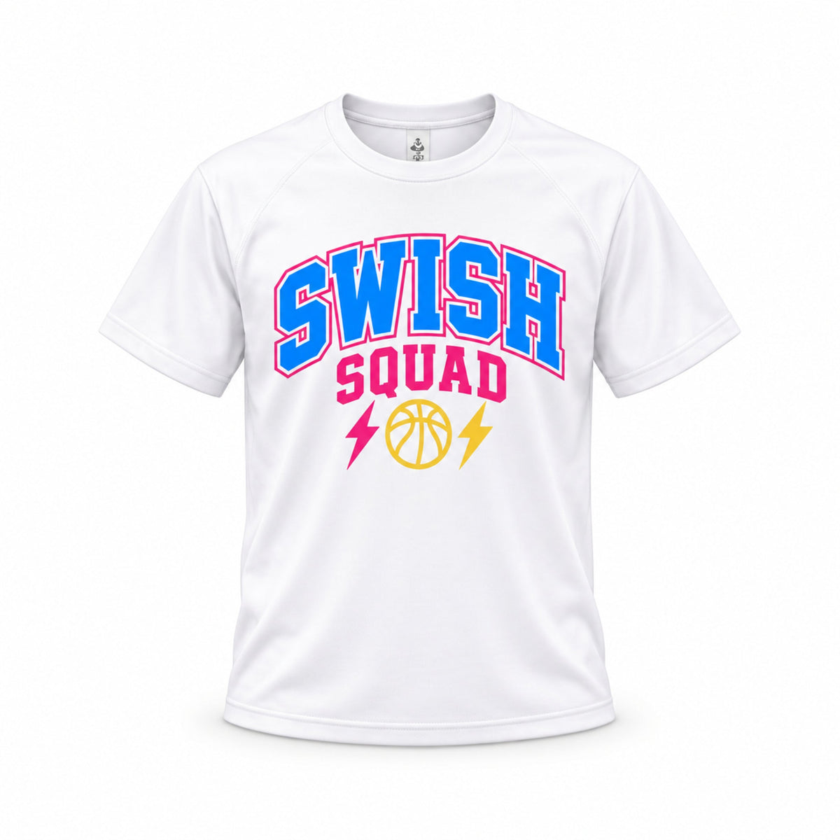 Swish Squad white varsity tee, complete front and sleeves on square white background