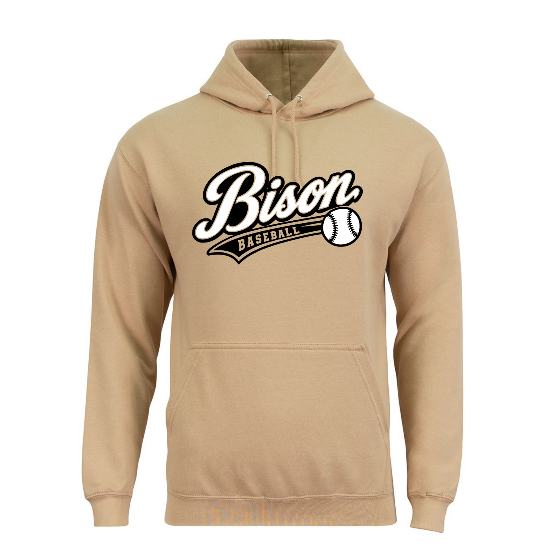 Vegas gold Bison Baseball pullover hoodie with script Bison logo and baseball graphic