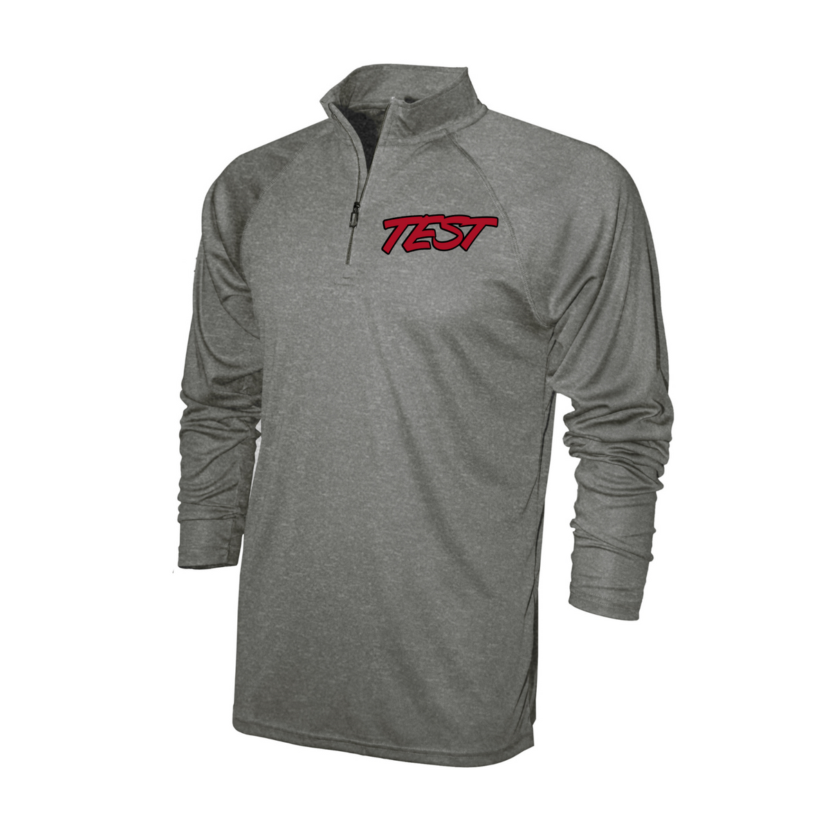 A heather gray long-sleeve quarter-zip pullover with a red and black 'TEST' logo on the chest, displayed on a solid white background.