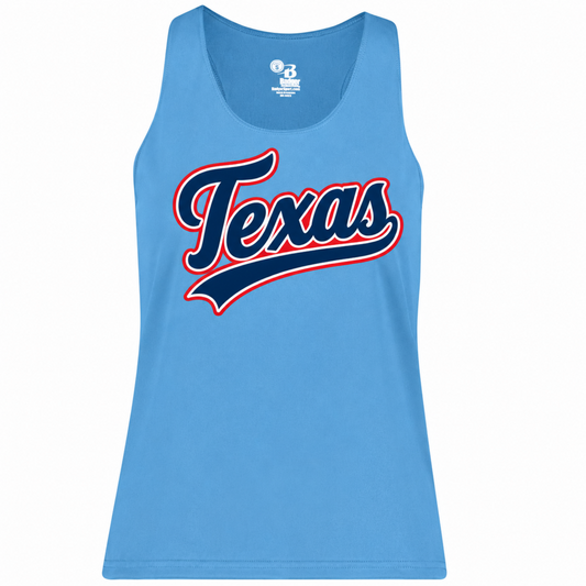 A light blue sleeveless tank top featuring a large 'Texas' script graphic across the chest in navy blue with a red outline, shown on a plain white background.
