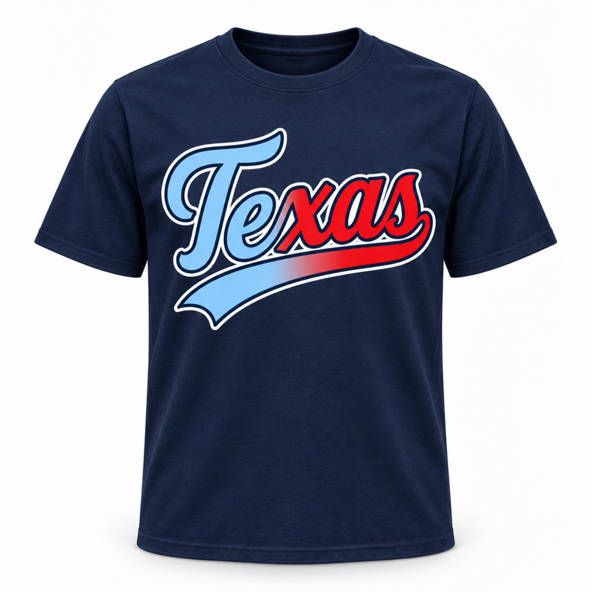 A navy blue short-sleeve crewneck t-shirt featuring a retro-style 'Texas' graphic across the chest in light blue, red, and white.