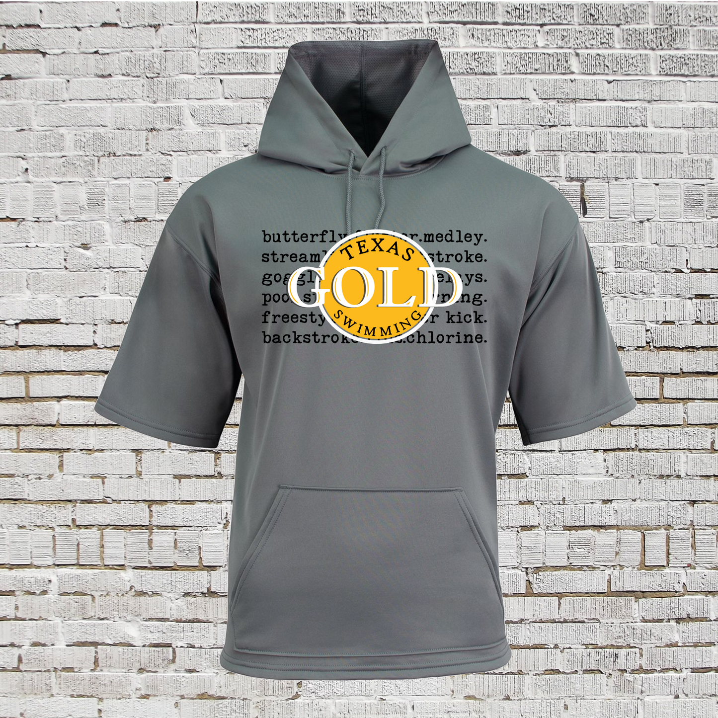 Short Sleeve Fleece Hoodie Texas Gold Swimming, Texas Gold Hooded Tee, Gold Swimming Sweatshirt