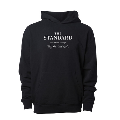 Black hoodie with 'The Standard' text on a white background
