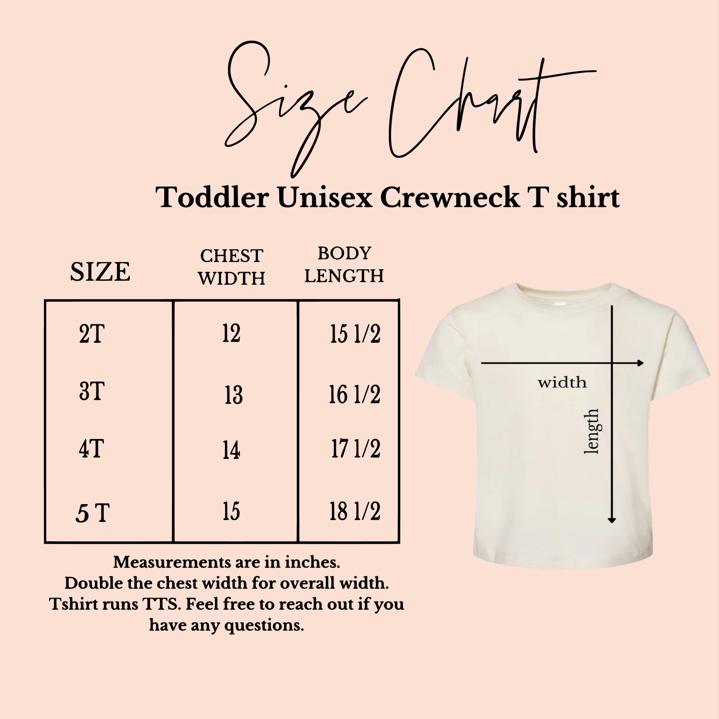 Size chart for toddler unisex bella and canvas crewneck t-shirts.