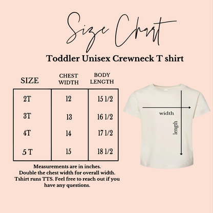 Size chart for toddler unisex bella and canvas crewneck t-shirts.