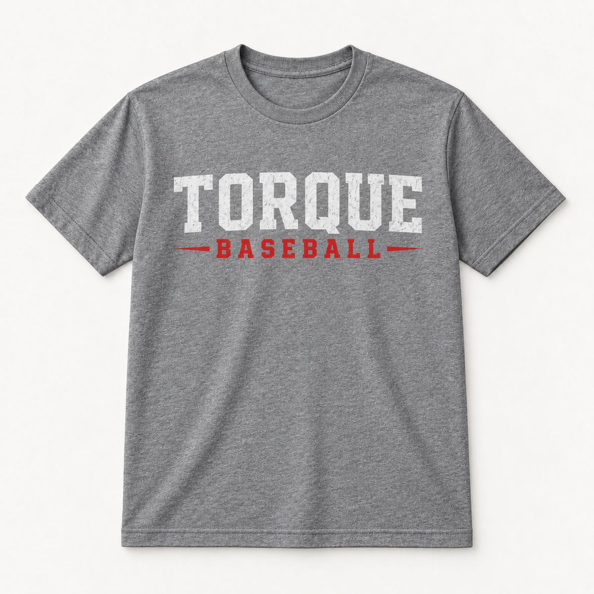 A heather gray short-sleeve crewneck t-shirt featuring a distressed graphic print on the front that reads 'TORQUE' in white and 'BASEBALL' in red, flanked by red horizontal lines, shown against a light off-white background.