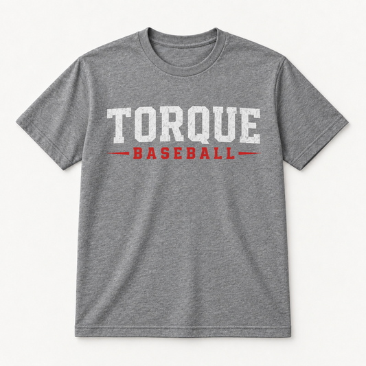 A heather gray short-sleeve crewneck t-shirt featuring a distressed graphic print on the front that reads 'TORQUE' in white and 'BASEBALL' in red, flanked by red horizontal lines, shown against a light off-white background.