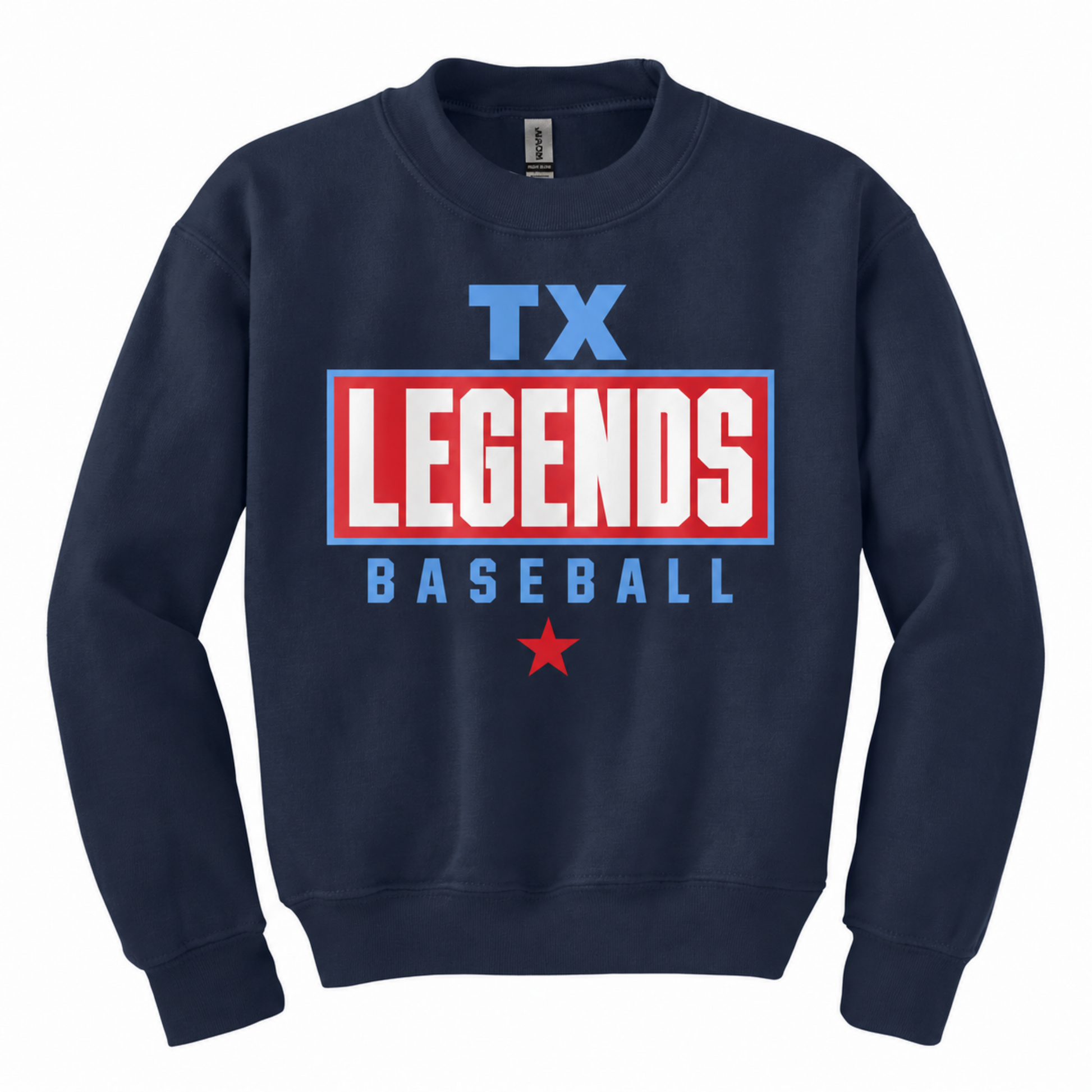A navy blue crewneck sweatshirt featuring a 'TX LEGENDS BASEBALL' graphic on the chest with red, white, and blue colors, shown against a plain white background.