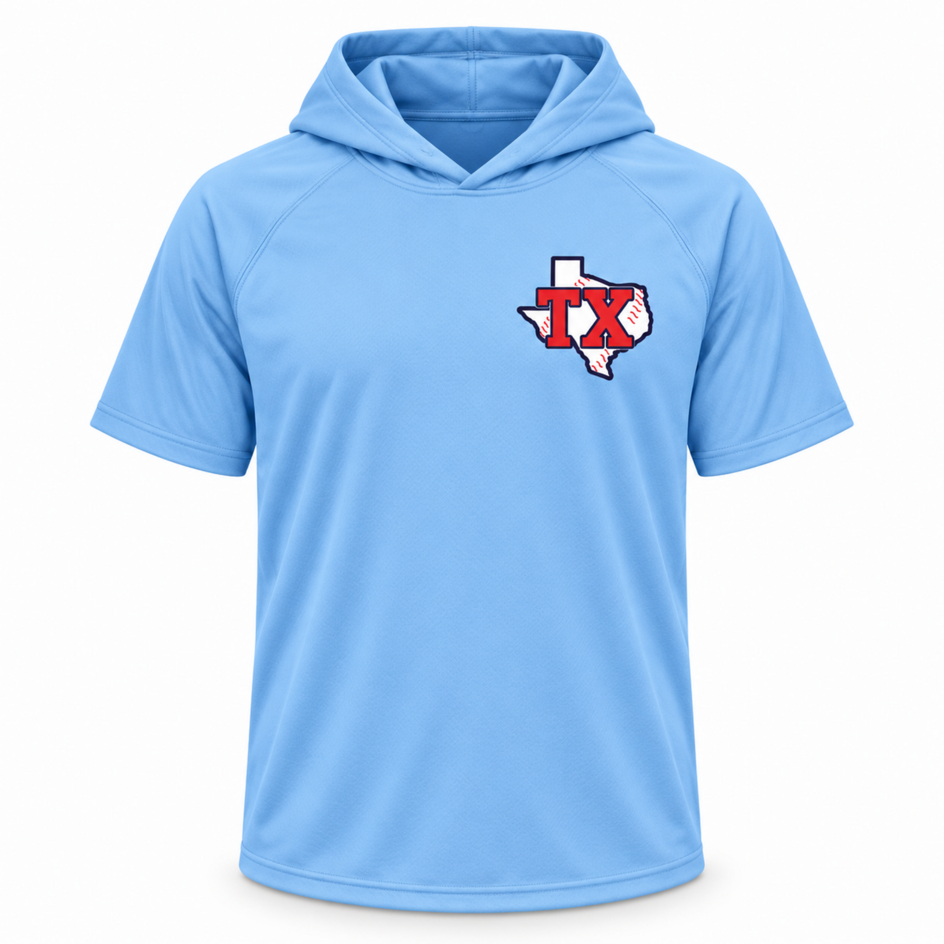 A light blue short-sleeve athletic hoodie with a red and white Texas 'TX' logo on the left chest, displayed on a clean white background.
