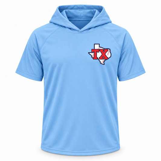 A light blue short-sleeve athletic hoodie with a red and white Texas 'TX' logo on the left chest, displayed on a clean white background.