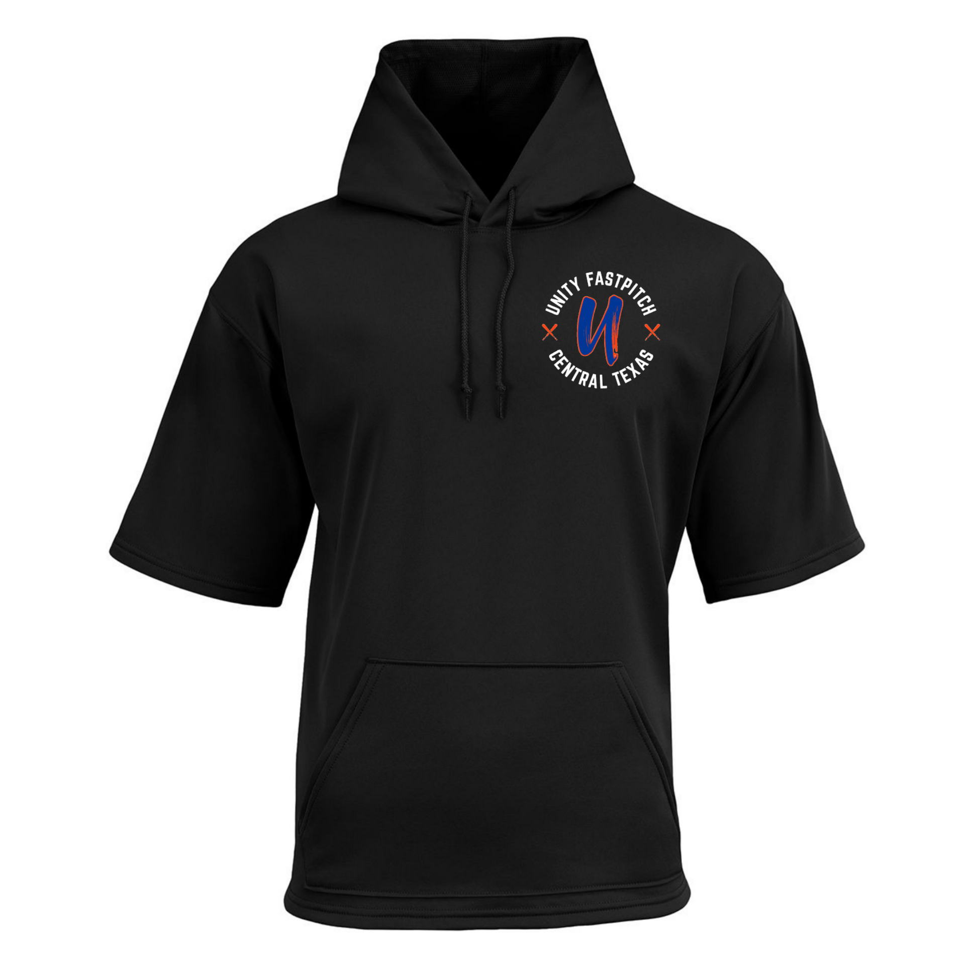 Black hoodie with a logo on the chest against a white background