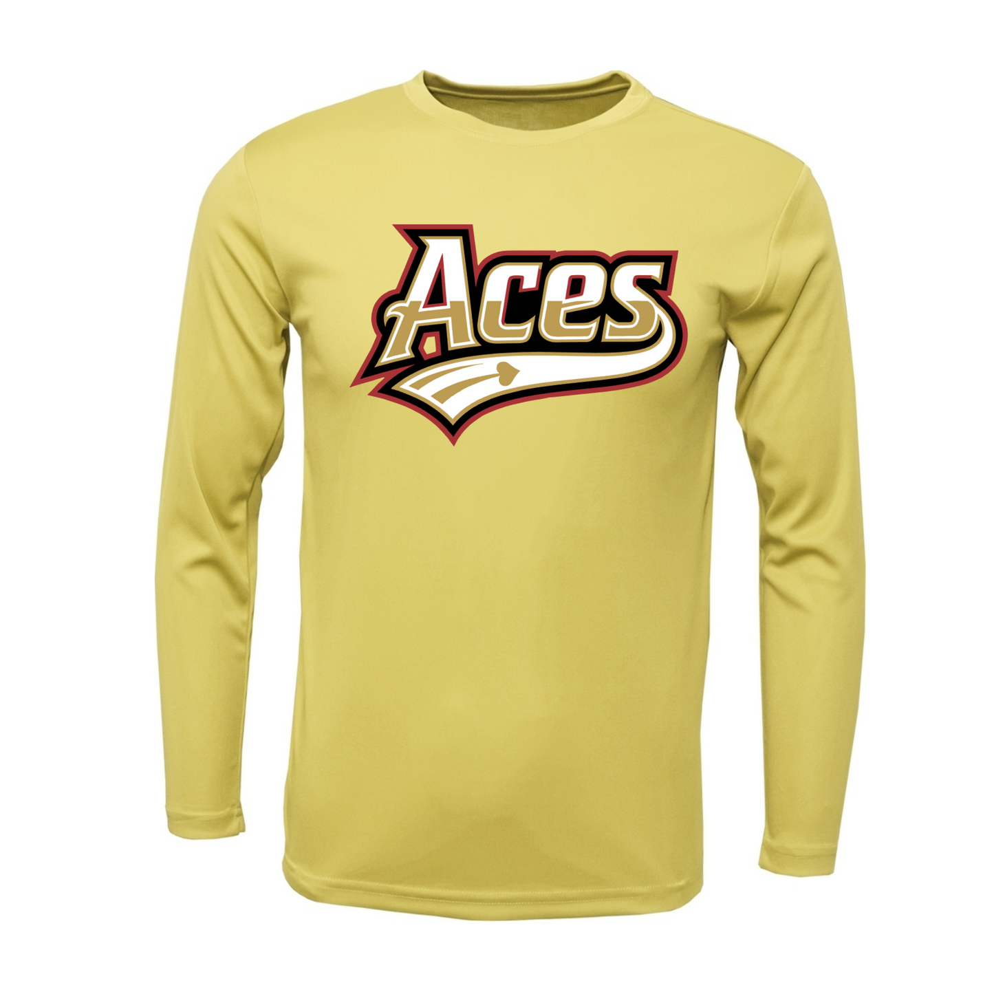 A yellow long-sleeve athletic t-shirt with a 'Aces' graphic printed on the chest, displayed on a clean white background.