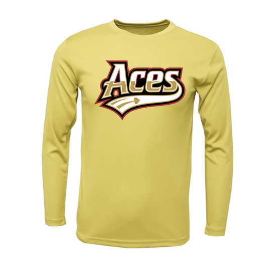 A yellow long-sleeve athletic t-shirt with a 'Aces' graphic printed on the chest, displayed on a clean white background.