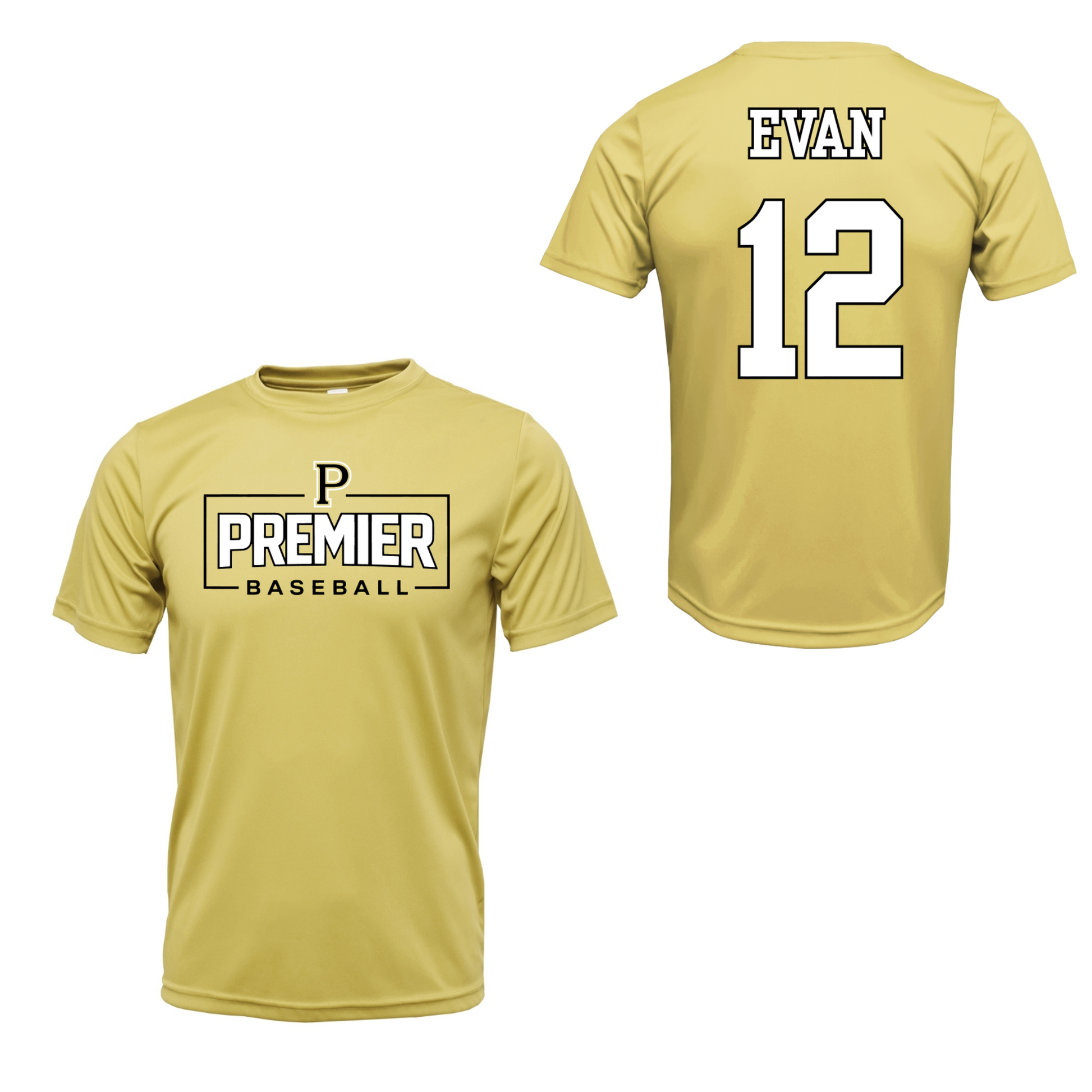 Yellow baseball jersey with 'Premier Baseball' logo on front and 'Evan 12' on back