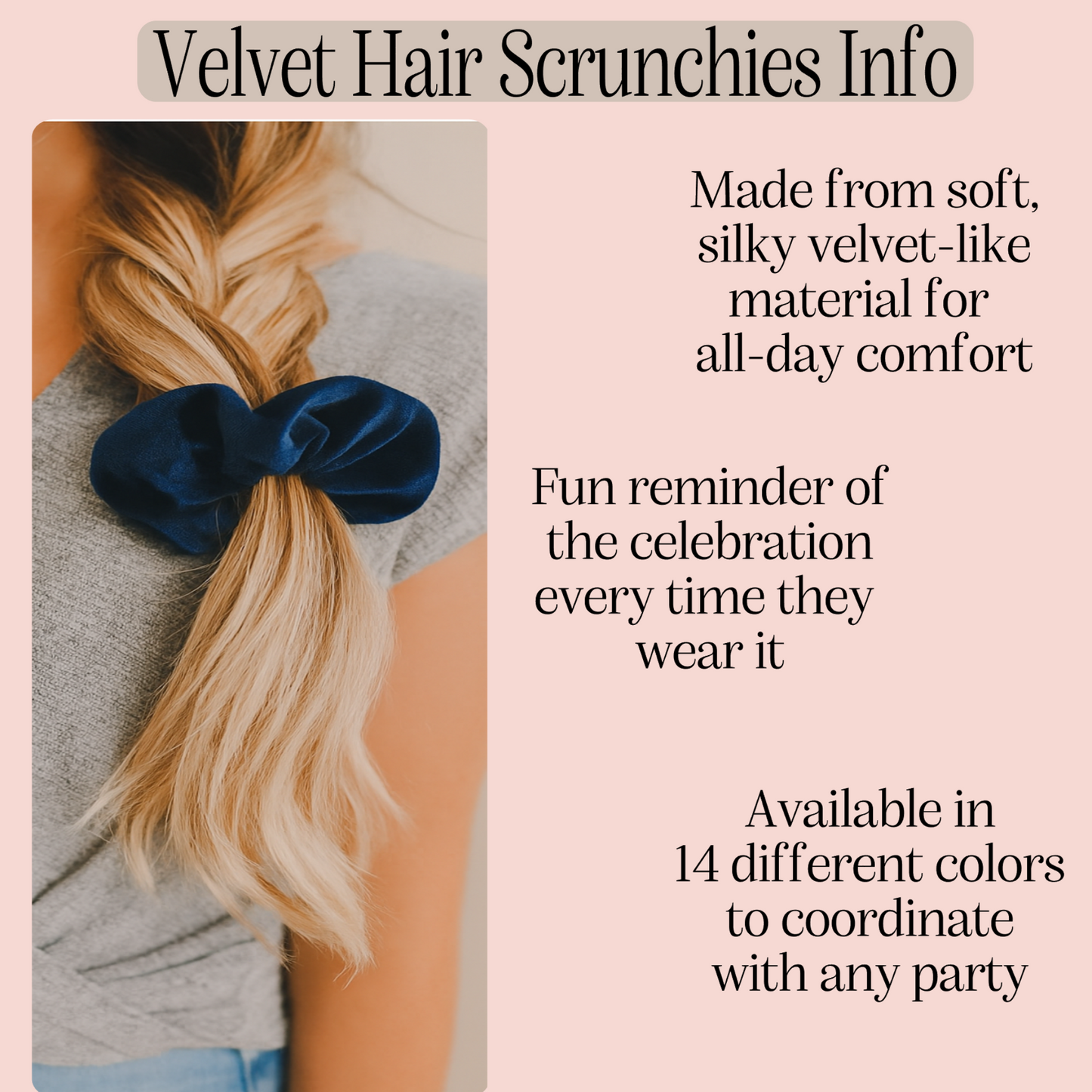 Blue velvet hair scrunchie on a braid with text about product features and availability.