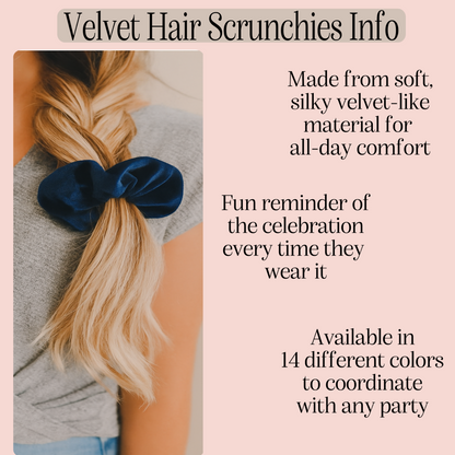 Blue velvet hair scrunchie on a braid with text about product features and availability.