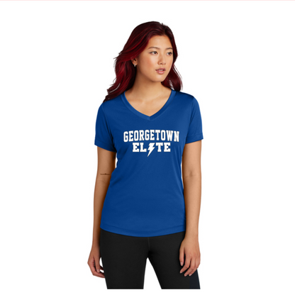 Drifit Vneck Georgetown Elite Blue, Women's Elite Tee, White Elite Top, Elite Allstars Spiritwear