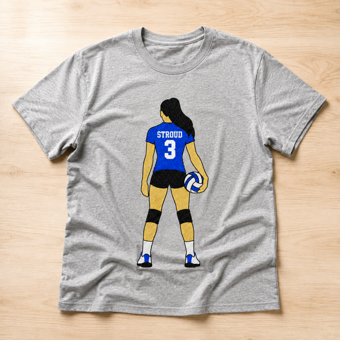 Personalized volleyball player glitter shirt with custom last name and jersey number on athletic heather gray tee