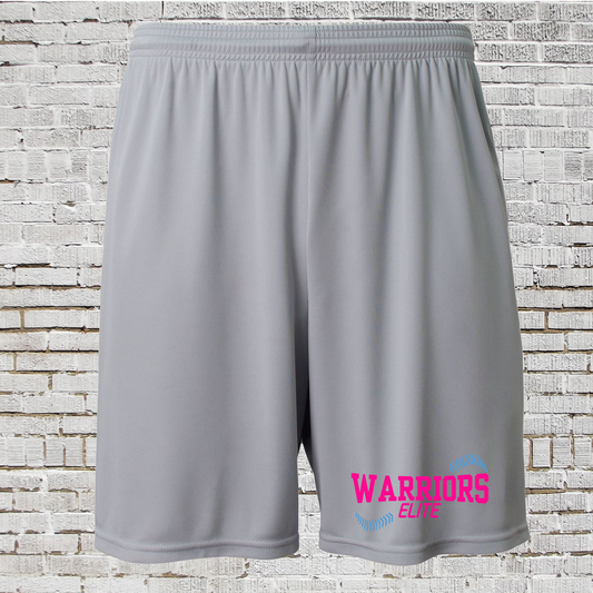 Warriors Elite Softball Shorts, Silver Drifit Shorts, Warriors Pink Logod Shorts