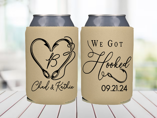 We Got Hooked, Fishing Can Coolers, Beach Wedding Favors, Ocean Wedding Cans, Beer Holder, Beer Cooler, Party Cans