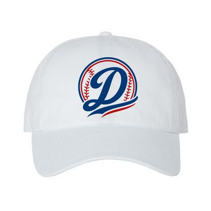 White cap with a blue and red logo on a white background