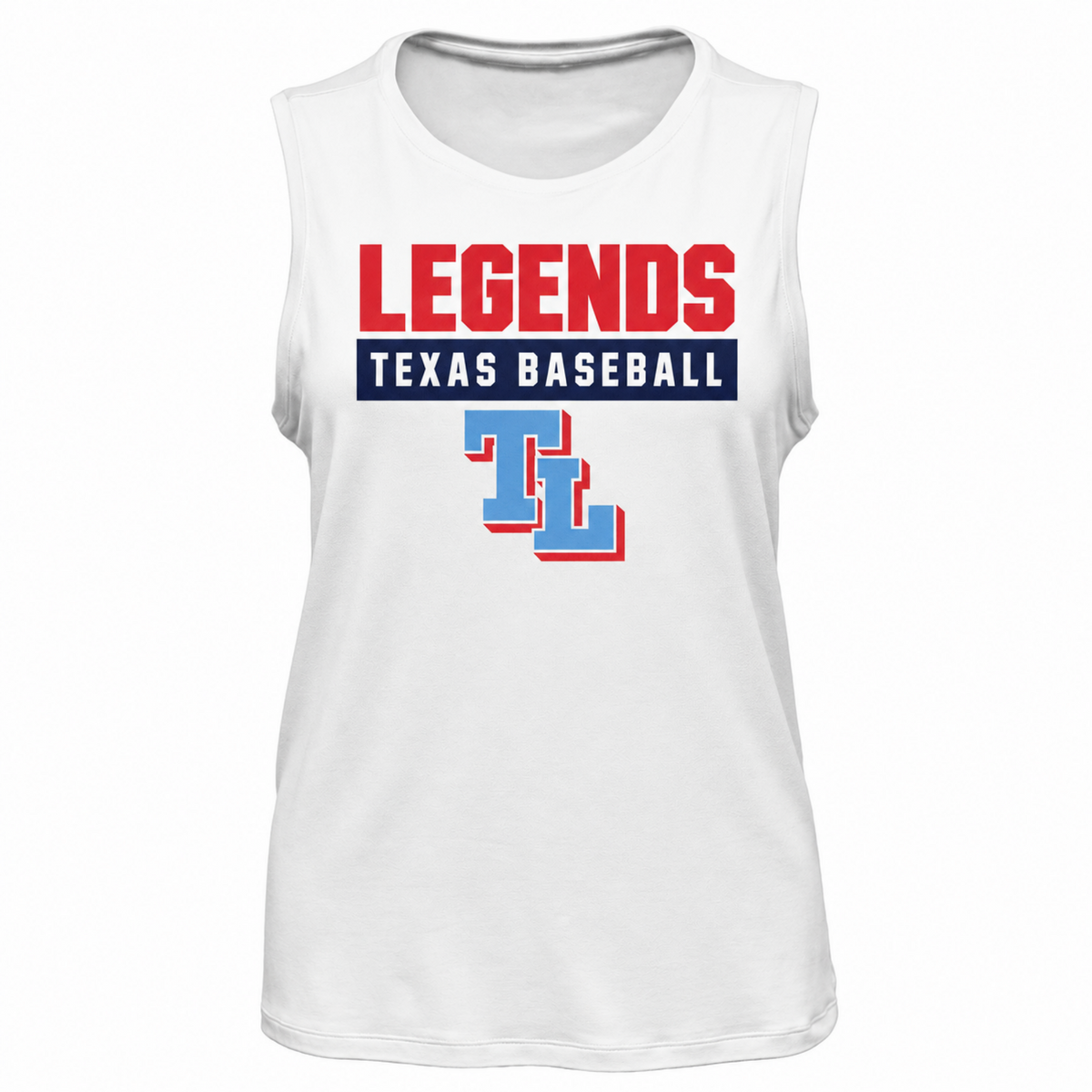 White sleeveless tank top featuring a red and navy graphic that reads 'LEGENDS TEXAS BASEBALL' above a stylized blue and red 'TL' logo, shown on a plain white background.