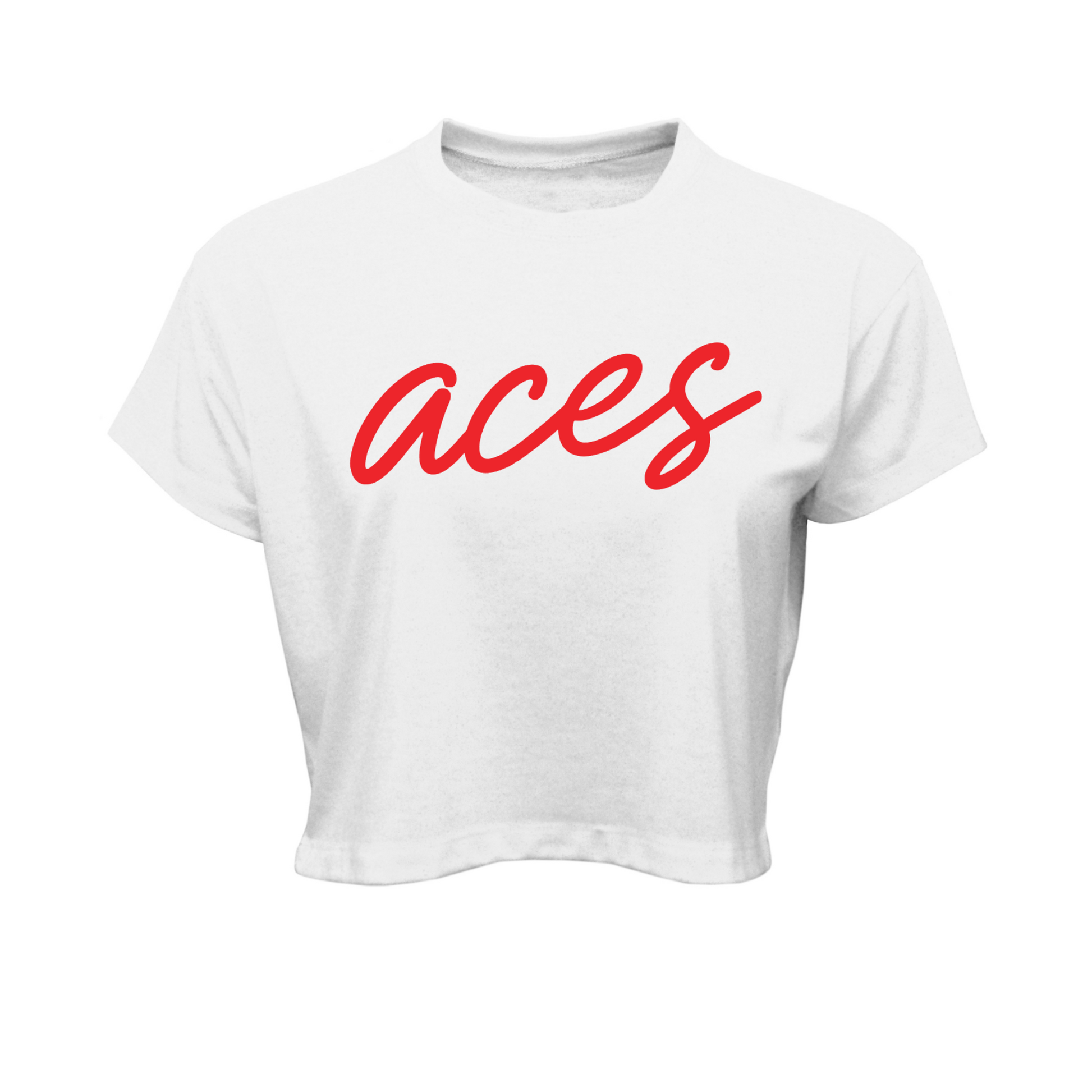 White Aces Baseball women’s crop T-shirt with simple red Aces script design across the front