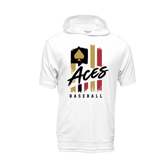 A white short-sleeve hooded athletic shirt with a front graphic that reads 'Aces Baseball' in black script over gold, red, and black vertical stripe blocks, on a plain white background.