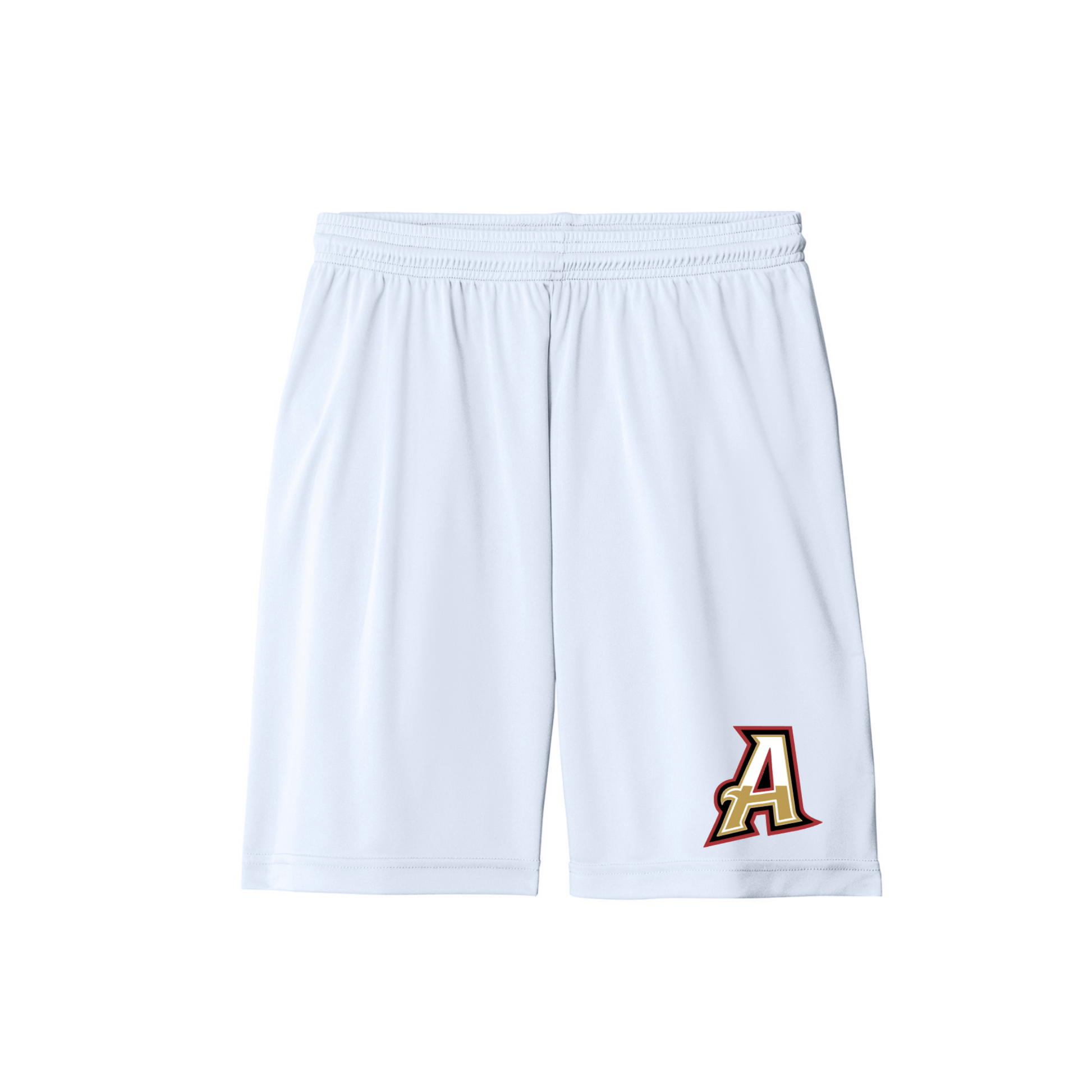 White athletic shorts with a drawstring waist and a stylized letter 'A' logo in red, gold, and white on the lower left leg, shown against a plain white background.
